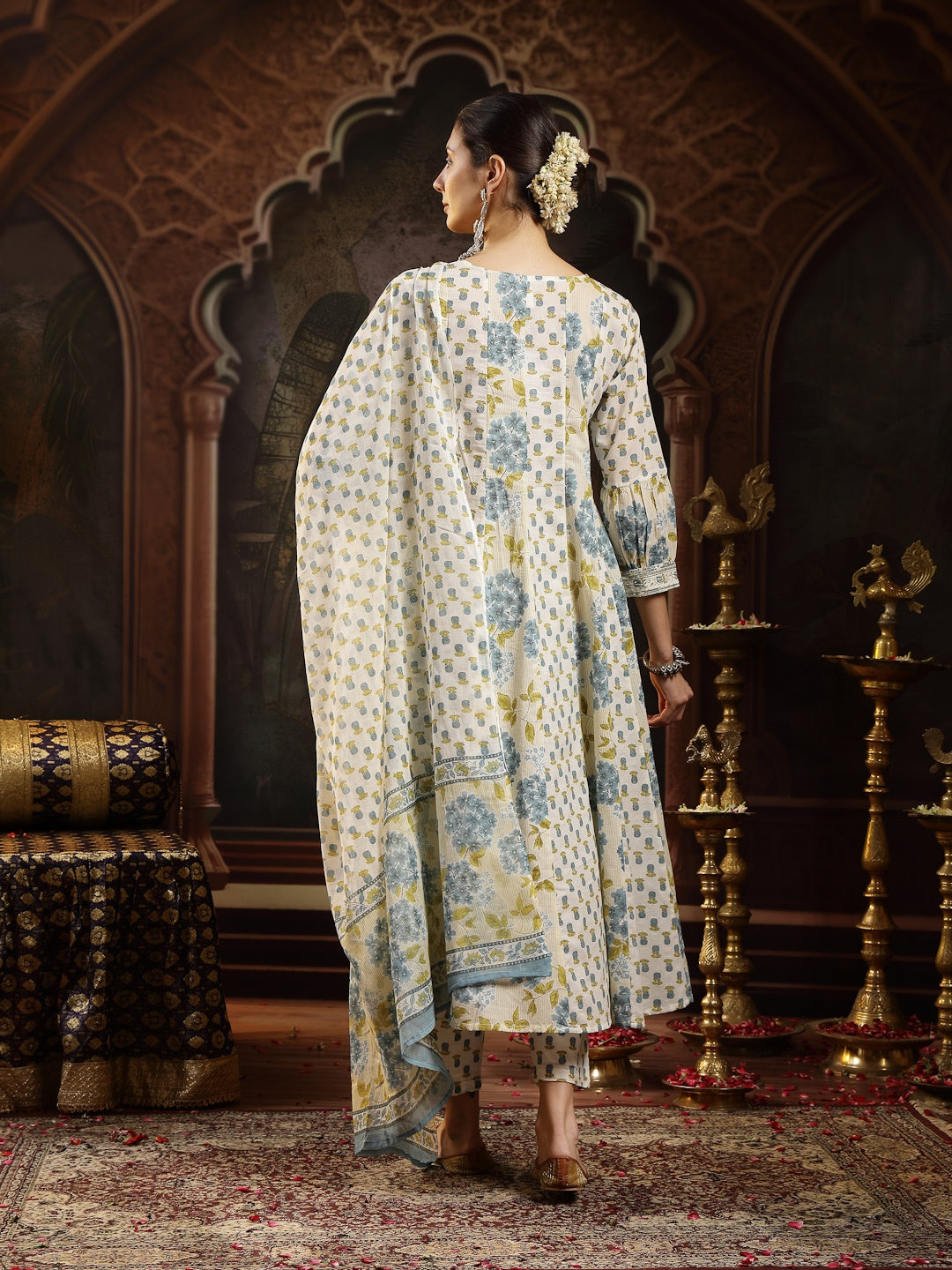 Cream Floral Printed Cotton Flared Kurta Pant Dupatta Set