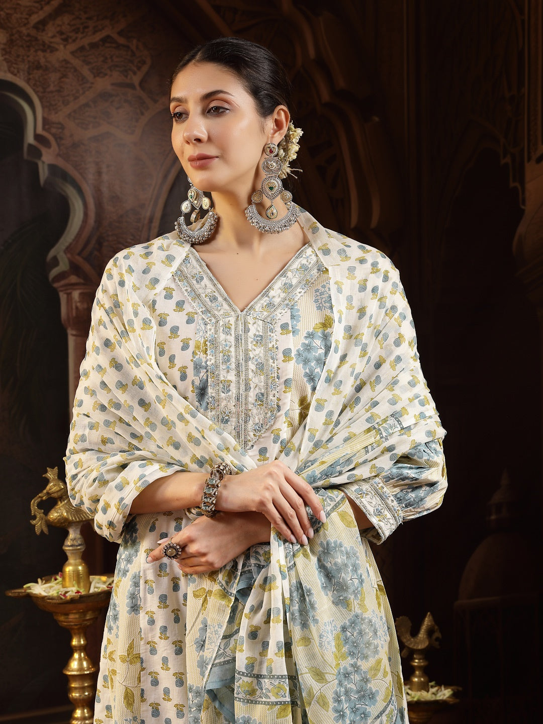 Cream Floral Printed Cotton Flared Kurta Pant Dupatta Set