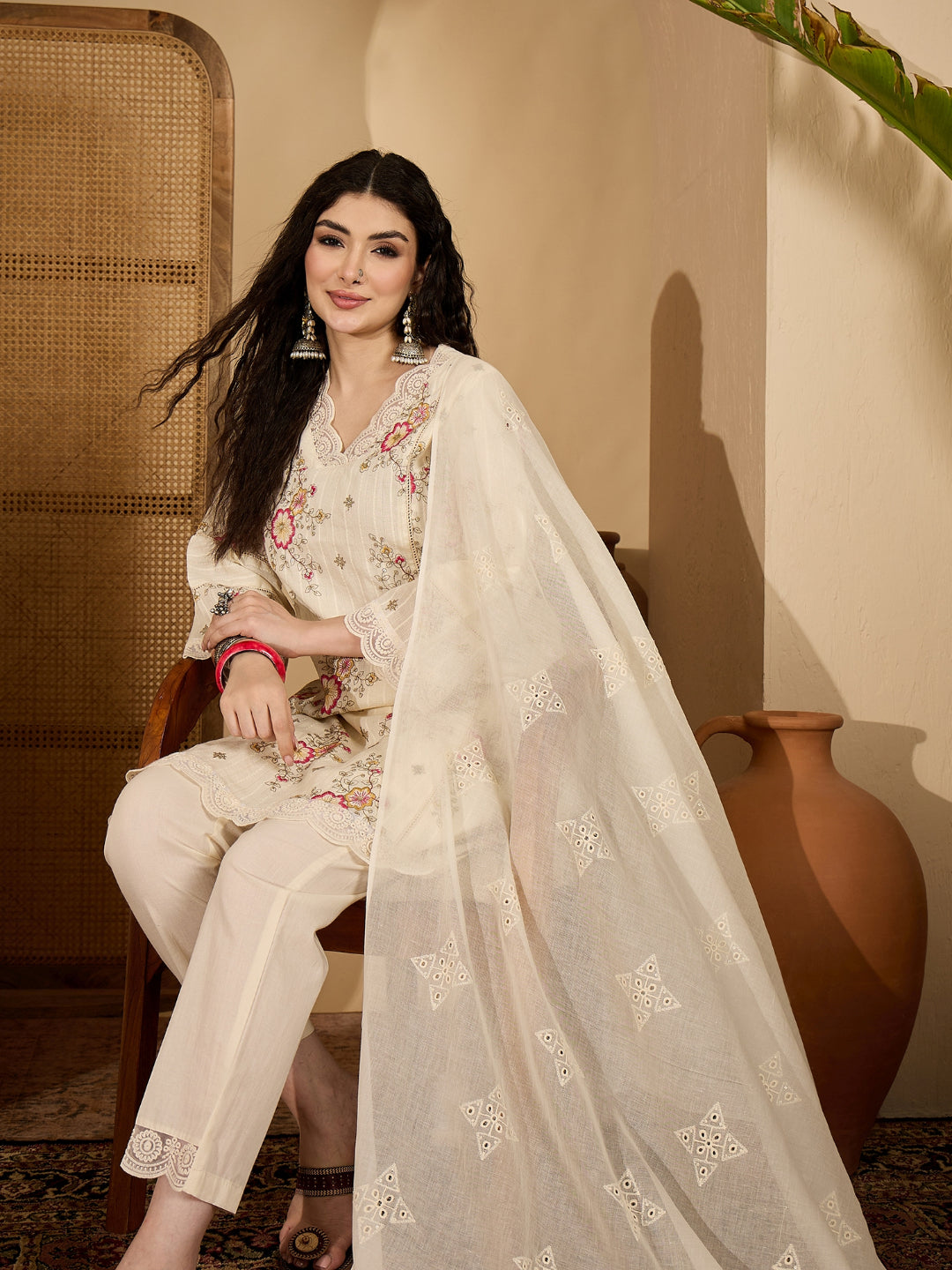 Embroidered Cotton Blend A-Line Kurta Pant Dupatta Set