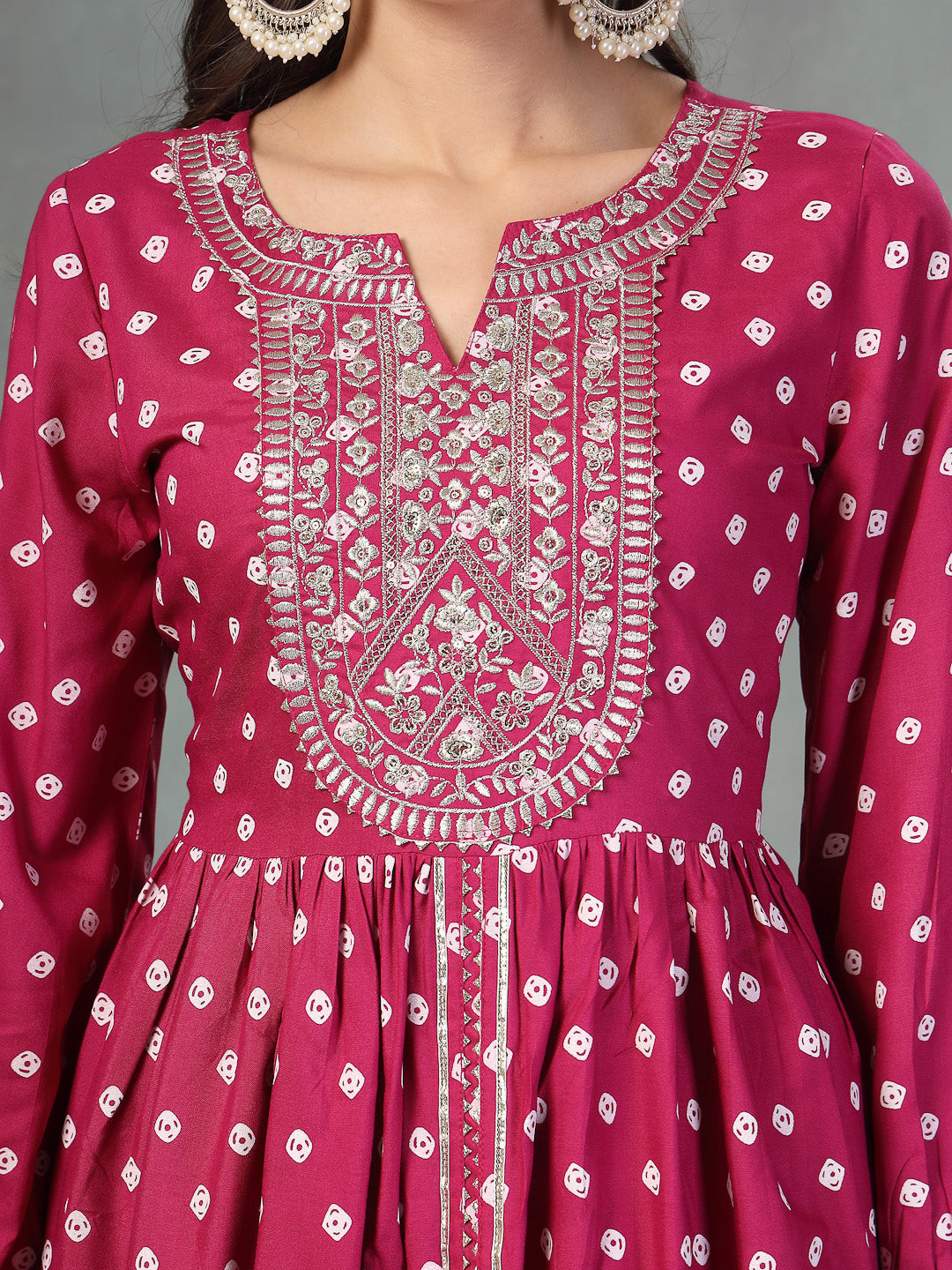 Gem Bandhani Printed & Embroidered Rayon Pleated Kurti with Dhoti Pant & Dupatta Set (Pre-Order)