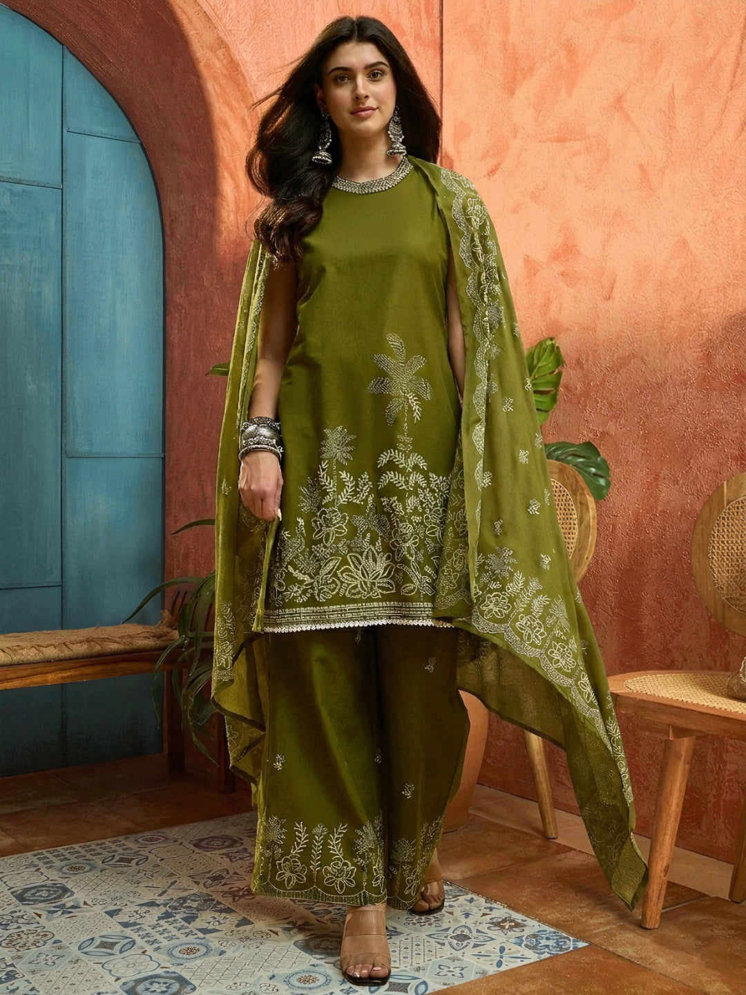 Solid & Embroidered Cotton Straight Kurta Palazzo Dupatta Set