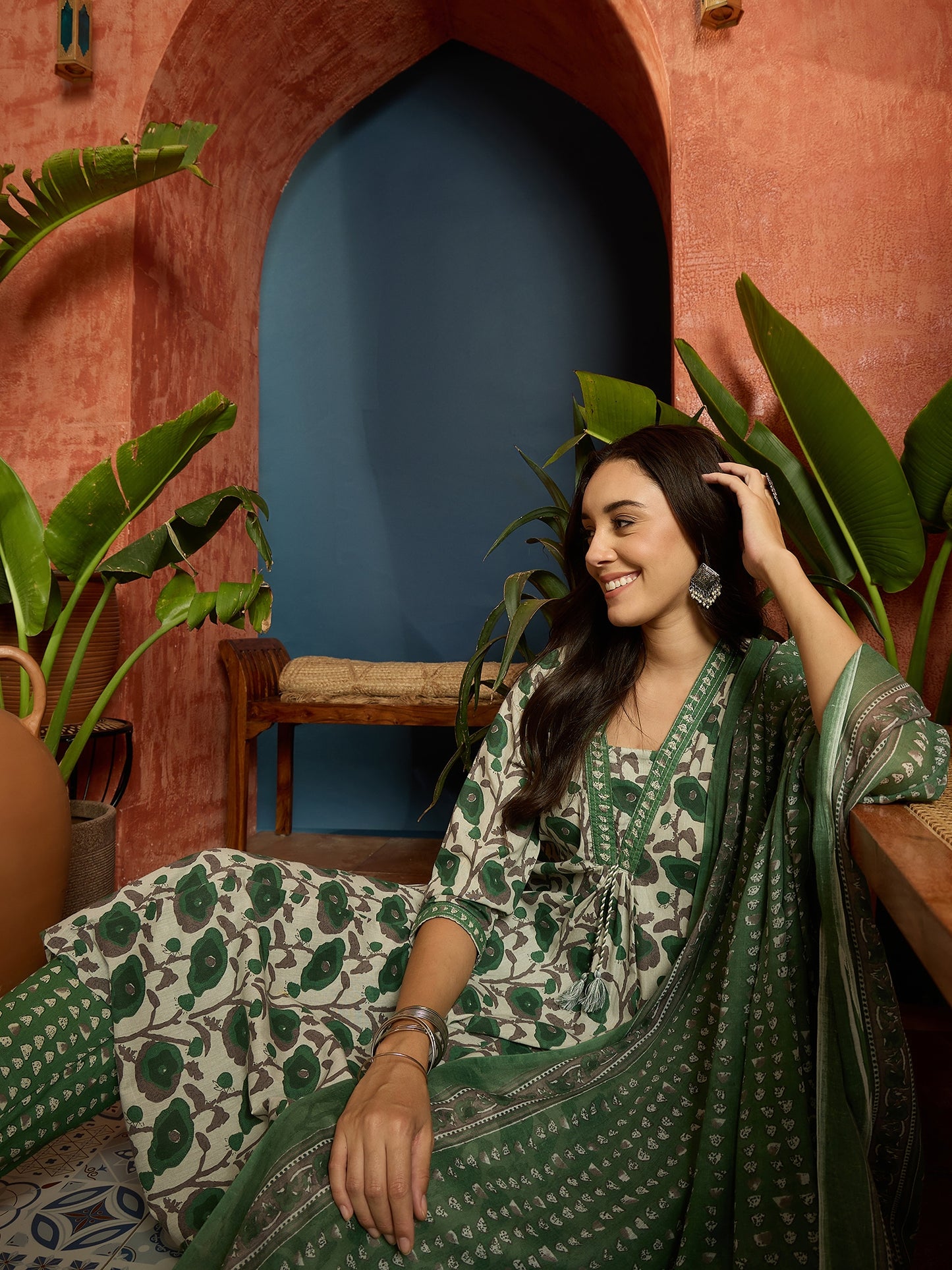 Floral Printed Cotton A-Line Kurta Pant Dupatta Set