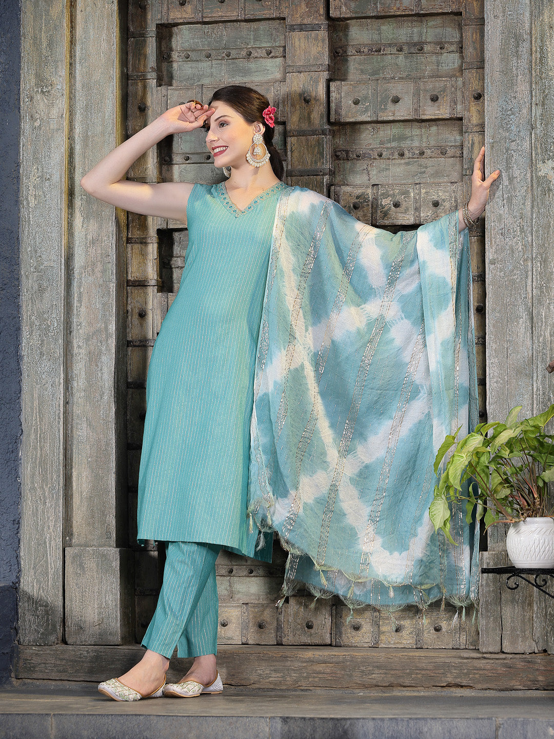 Woven Designed Cotton Blend Straight Kurta Pant Dupatta Set