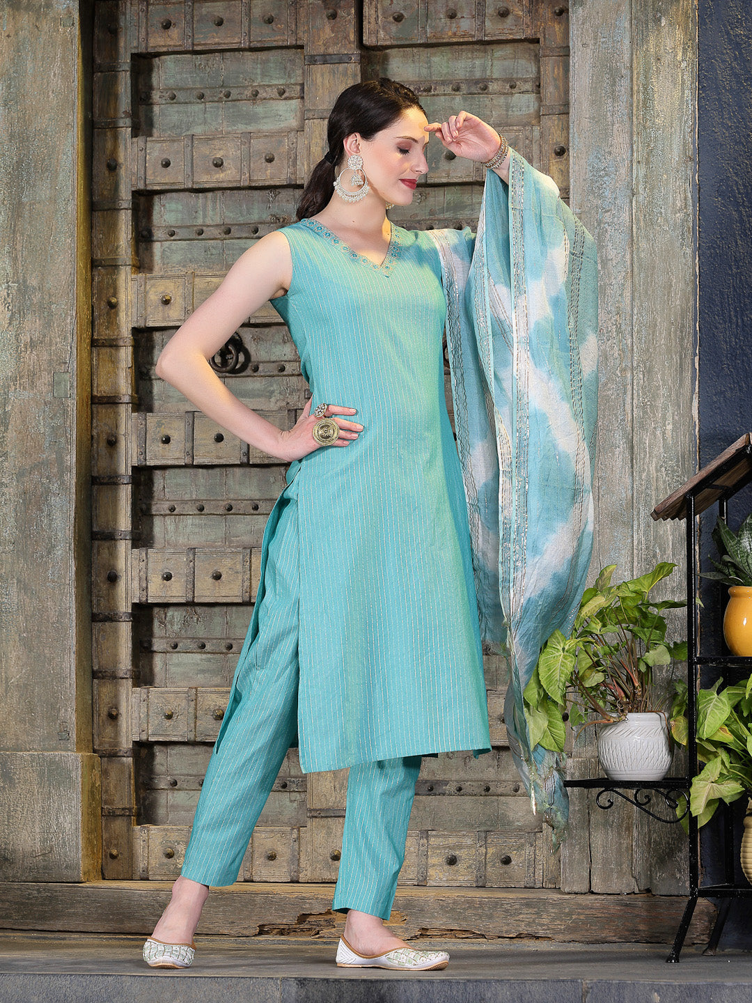 Woven Designed Cotton Blend Straight Kurta Pant Dupatta Set