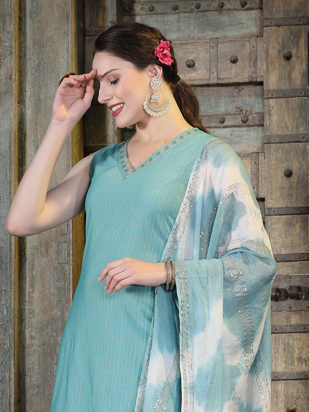 Woven Designed Cotton Blend Straight Kurta Pant Dupatta Set