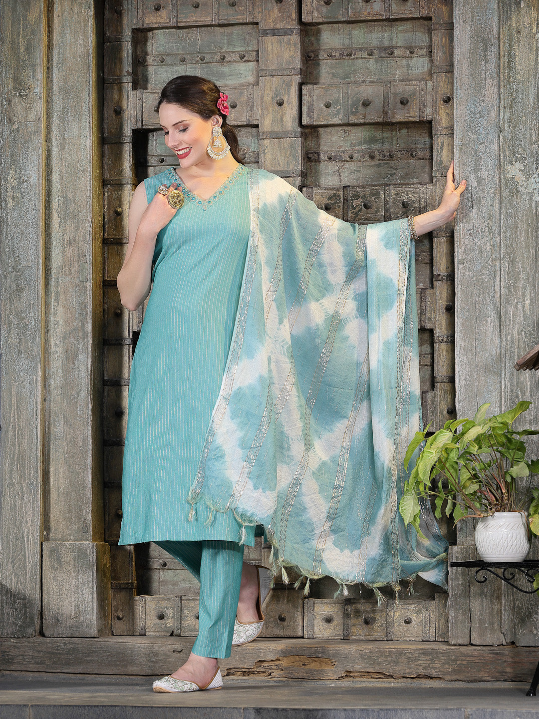 Woven Designed Cotton Blend Straight Kurta Pant Dupatta Set