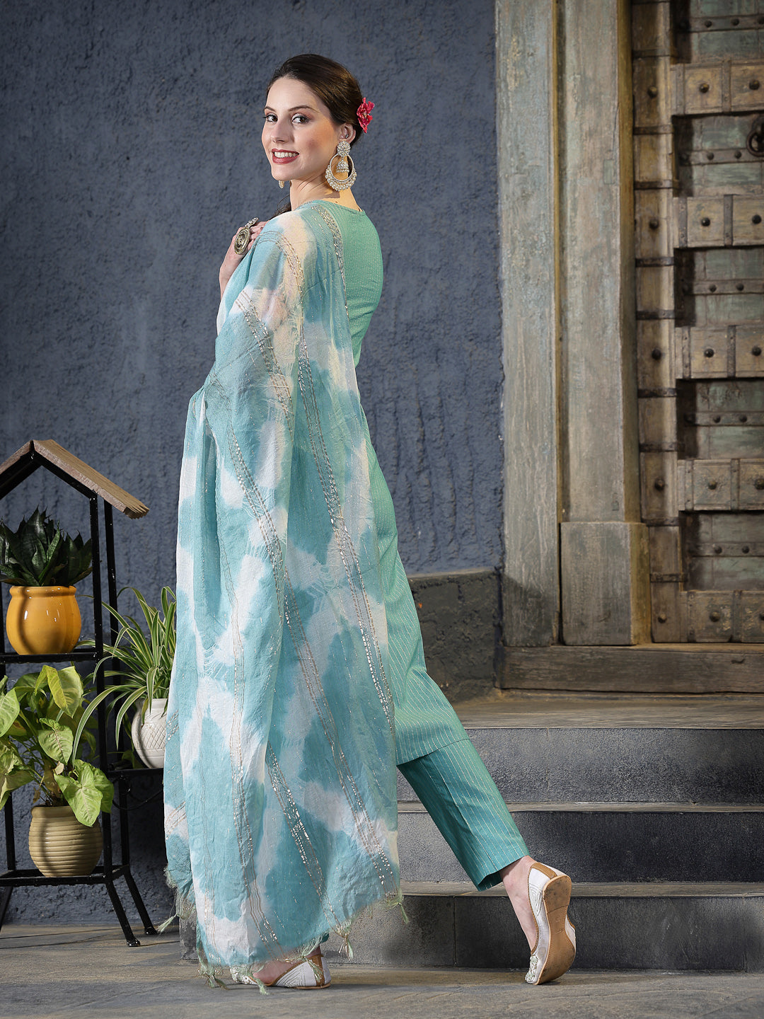 Woven Designed Cotton Blend Straight Kurta Pant Dupatta Set