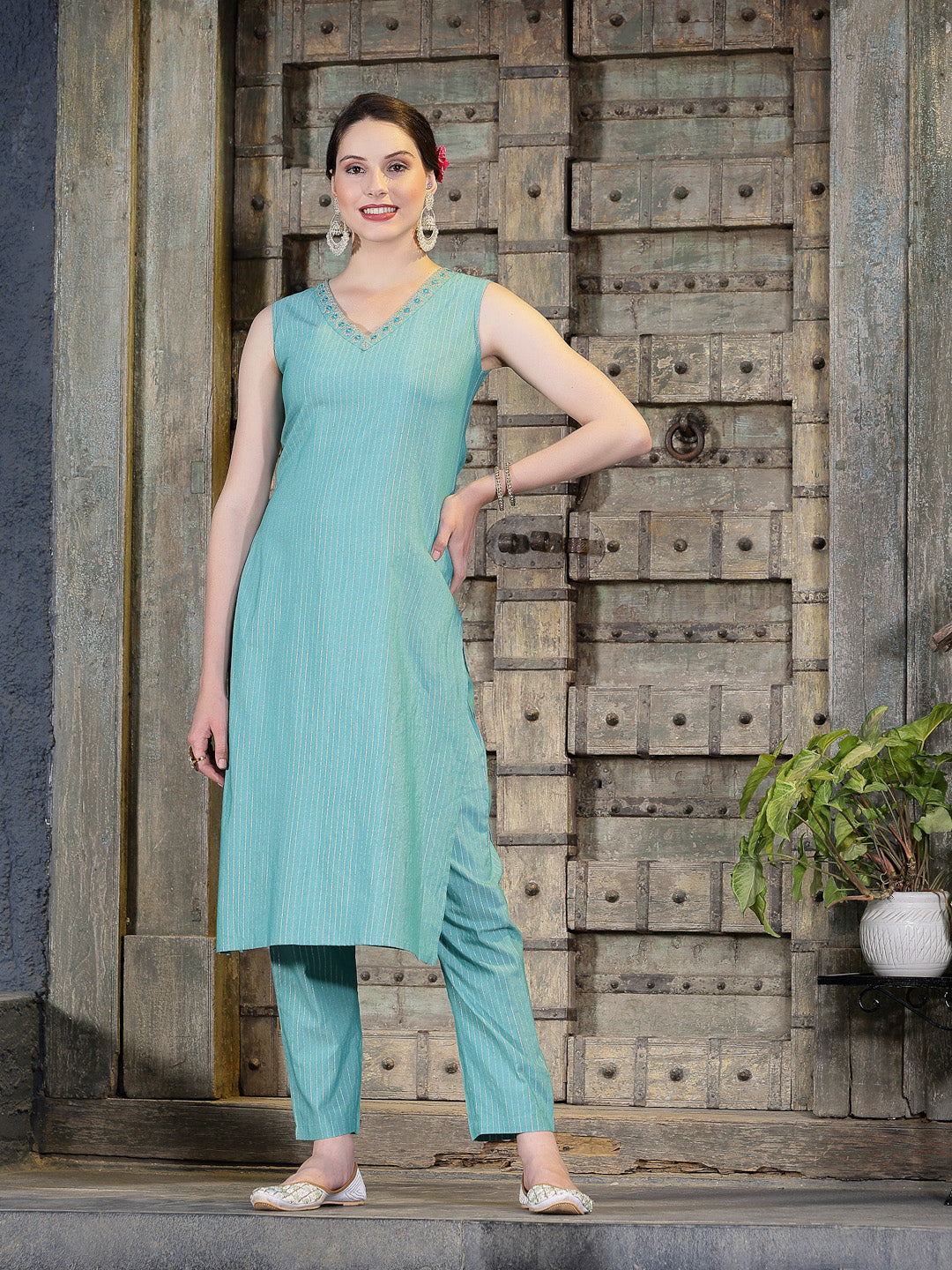 Woven Designed Cotton Blend Straight Kurta Pant Dupatta Set