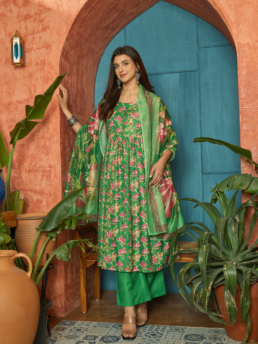 Floral Printed Rayon Flared Kurta Palazzo Dupatta Set
