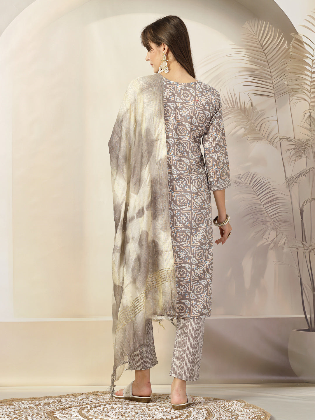 Grey Ethnic Printed Cotton Blend Straight Kurta Pant Dupatta Set (Pre-Order)