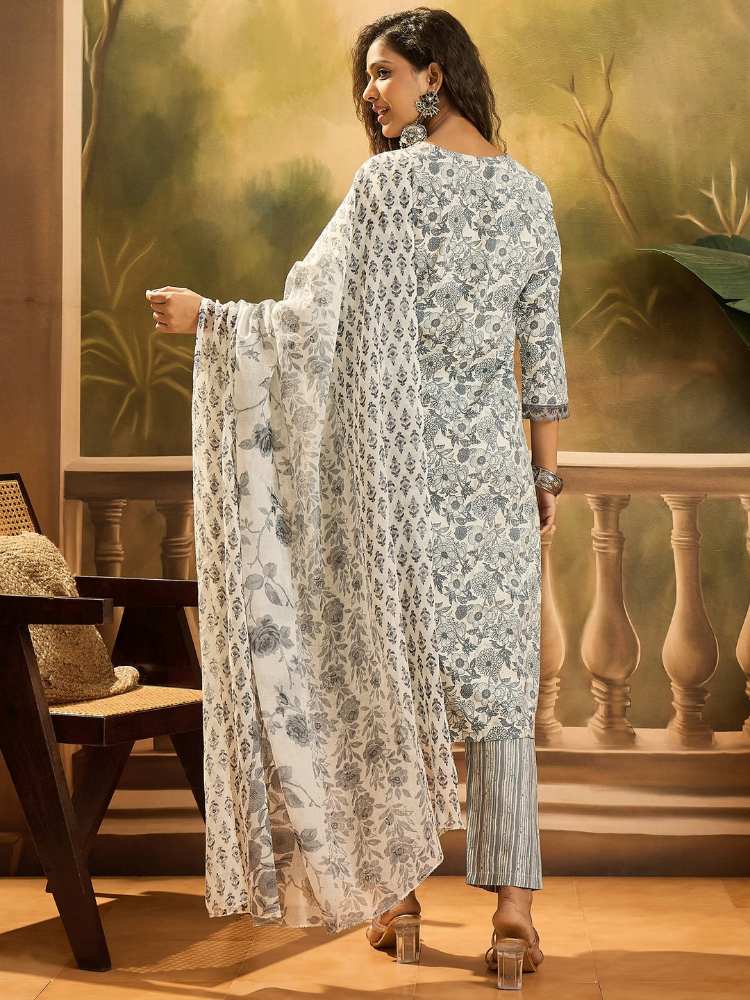 Grey Floral Printed Cotton Straight Kurta Pant Dupatta Set (Pre-Order)