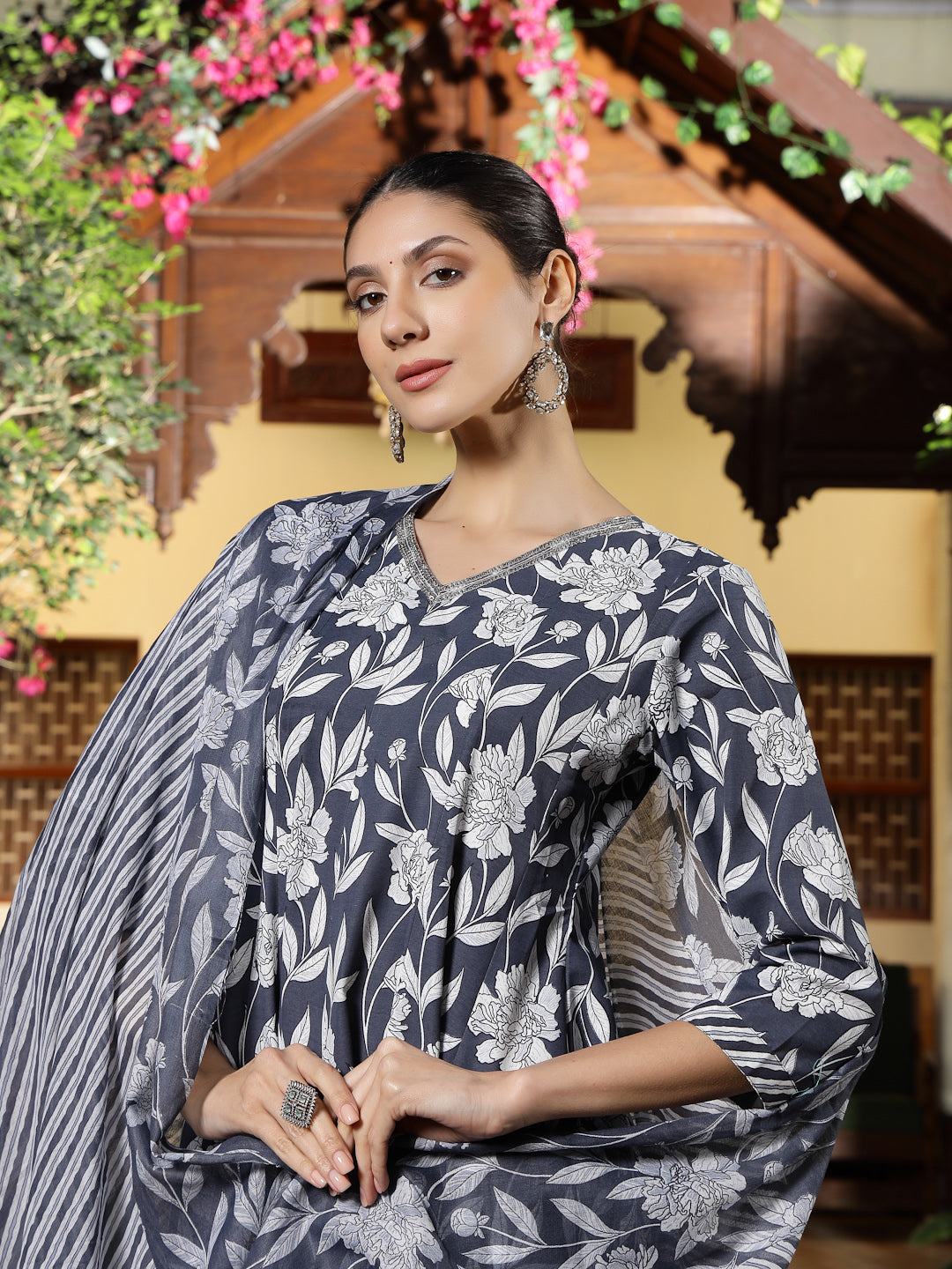 Grey Floral Printed Cotton Anarkali Kurta Pant Dupatta Set