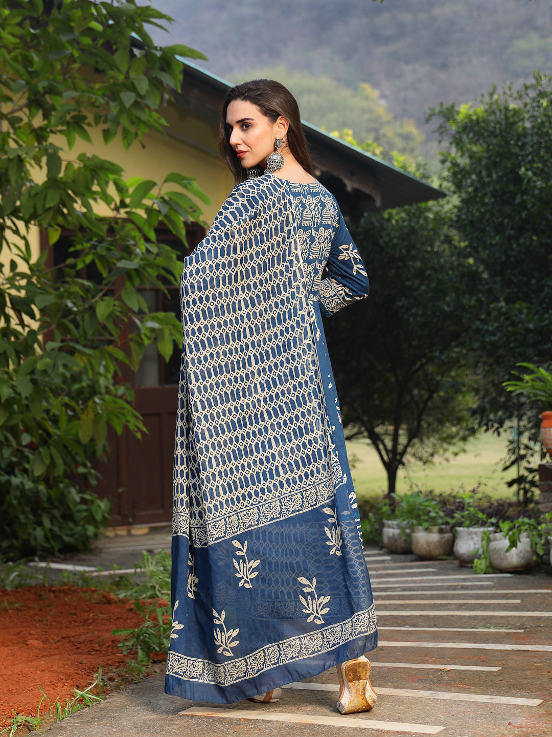 Blue Floral Printed Cotton Anarkali Kurta Pant Dupatta Set