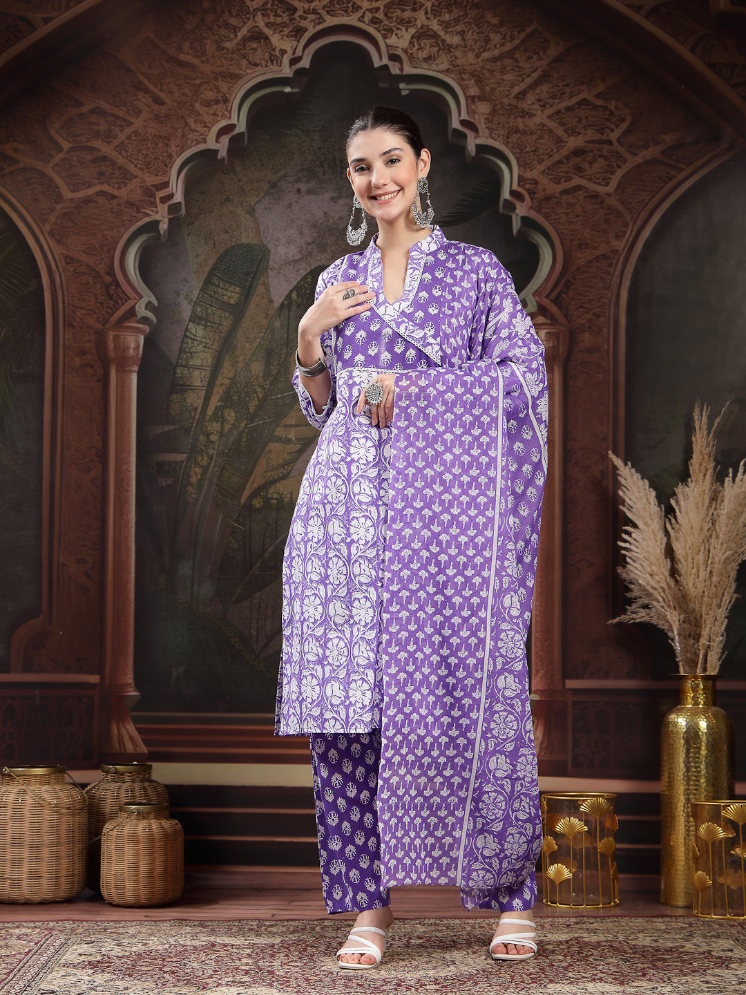 Lavender Floral Printed Cotton Straight Kurta Pant Dupatta Set
