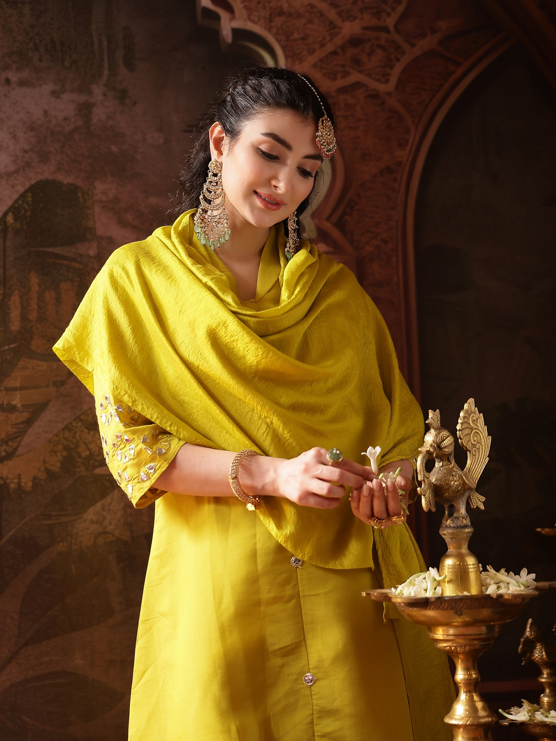 Lime Green Solid Silk Blend A-Line Kurta Pant Dupatta Set