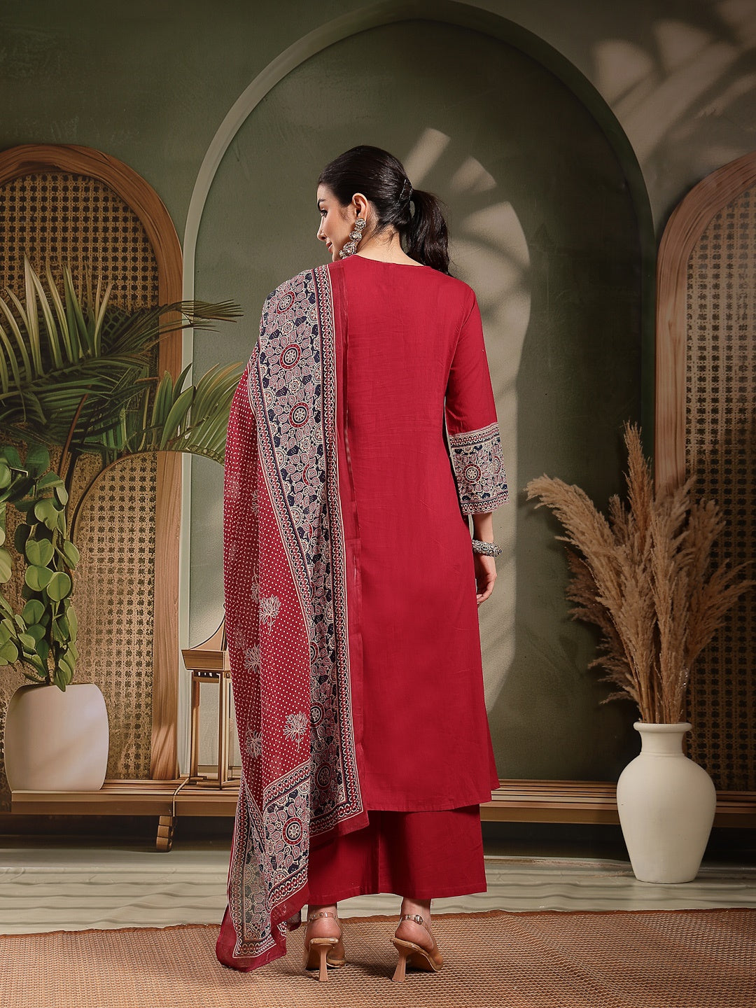 Maroon Ajrakh Printed Cotton A-Line Kurta Pant Dupatta Set