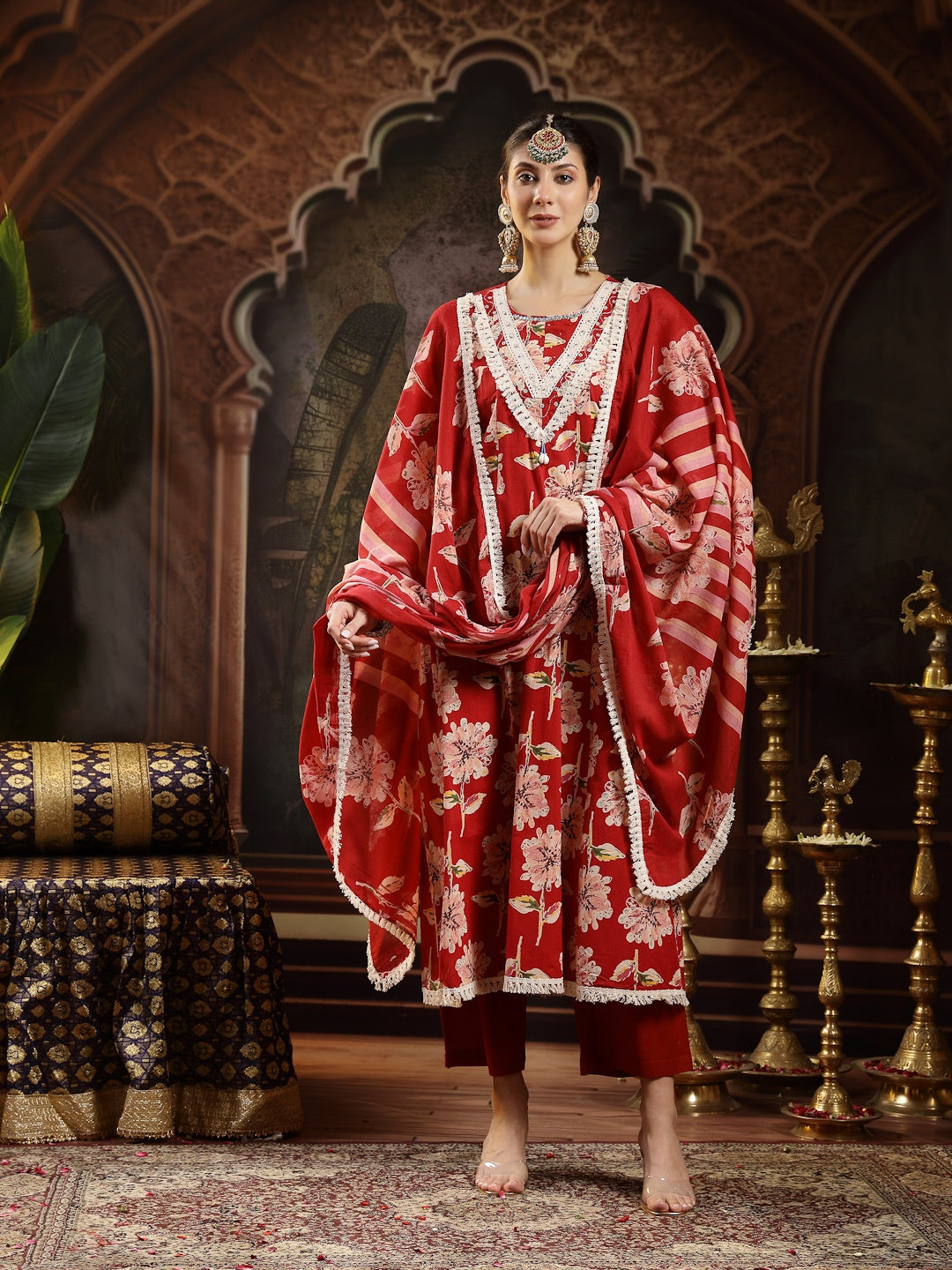 Maroon Floral Printed Cotton Flared Kurta Pant Dupatta Set