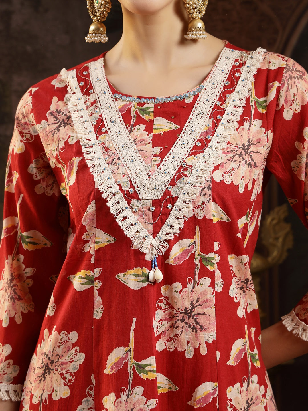 Maroon Floral Printed Cotton Flared Kurta Pant Dupatta Set