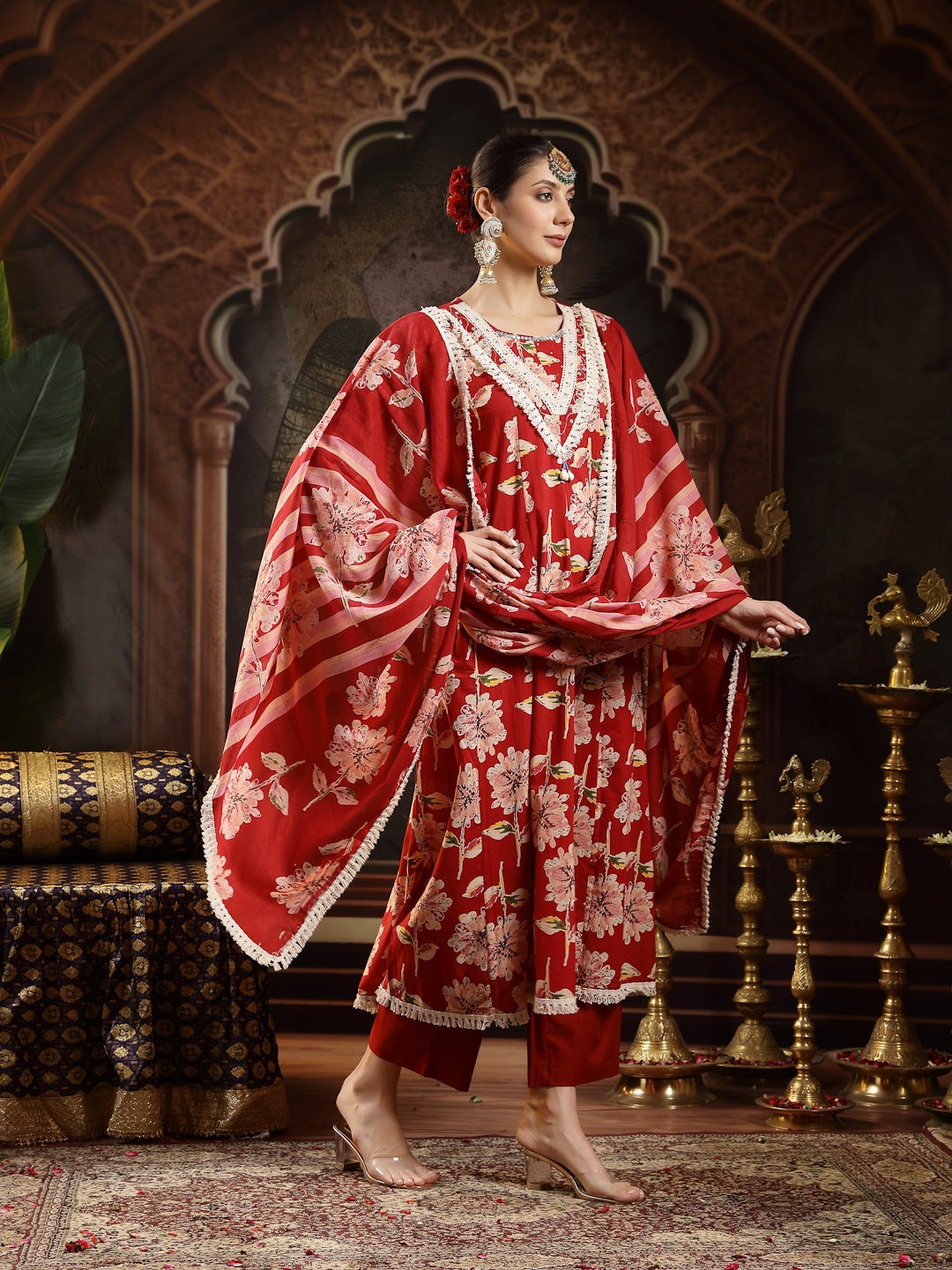 Maroon Floral Printed Cotton Flared Kurta Pant Dupatta Set