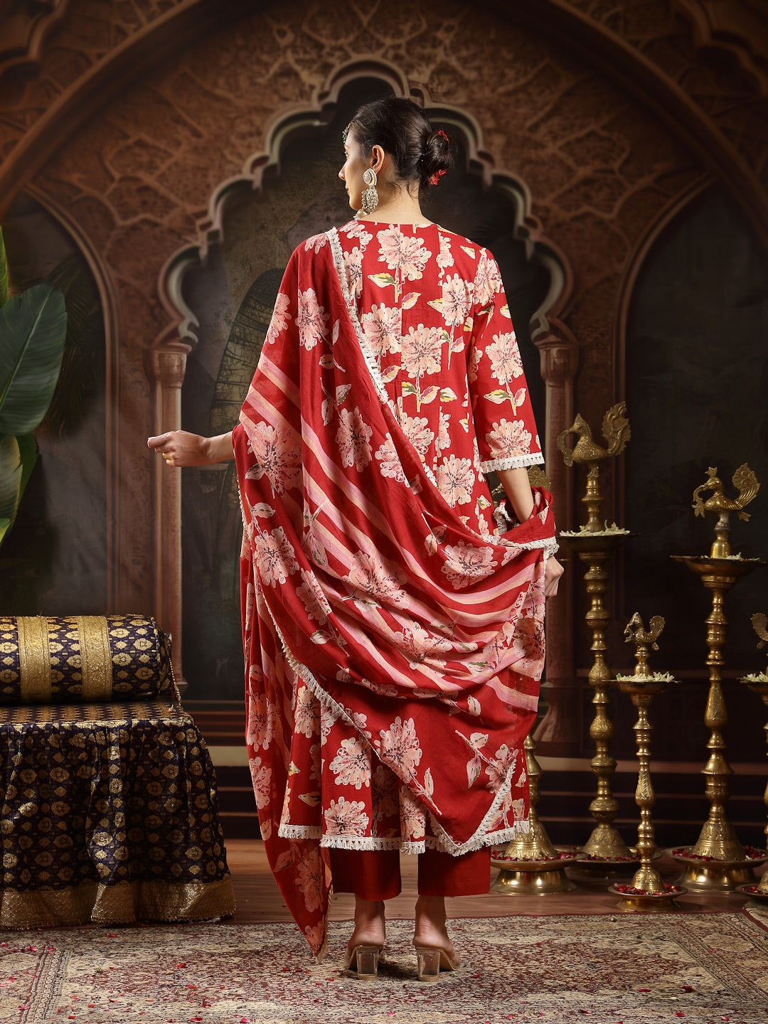 Maroon Floral Printed Cotton Flared Kurta Pant Dupatta Set