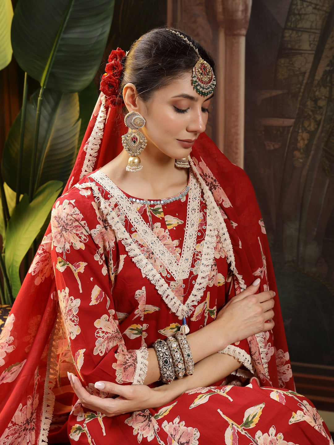 Maroon Floral Printed Cotton Flared Kurta Pant Dupatta Set