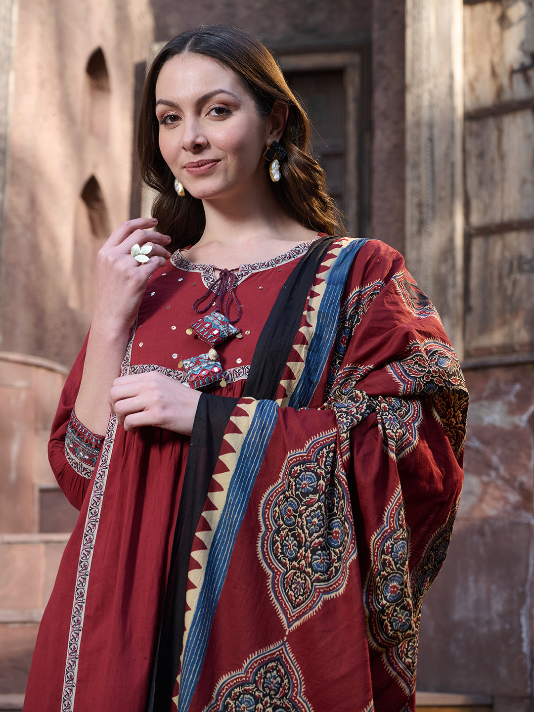 Maroon Solid Cotton Kurta Pant Dupatta Set