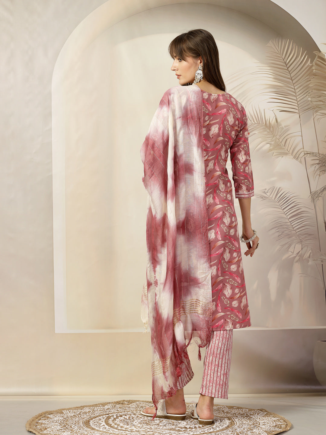 Mauve Tropical Printed Cotton Blend Straight Kurta Pant Dupatta Set (Pre-Order)