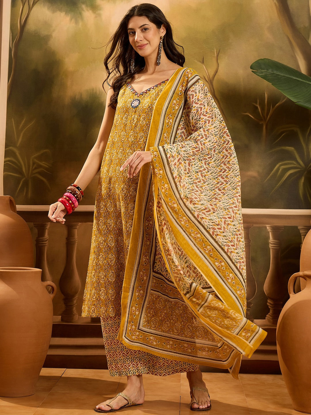 Mustard Ethnic Motif Printed Cotton Straight Kurta Palazzo Dupatta Set (Pre-Order)