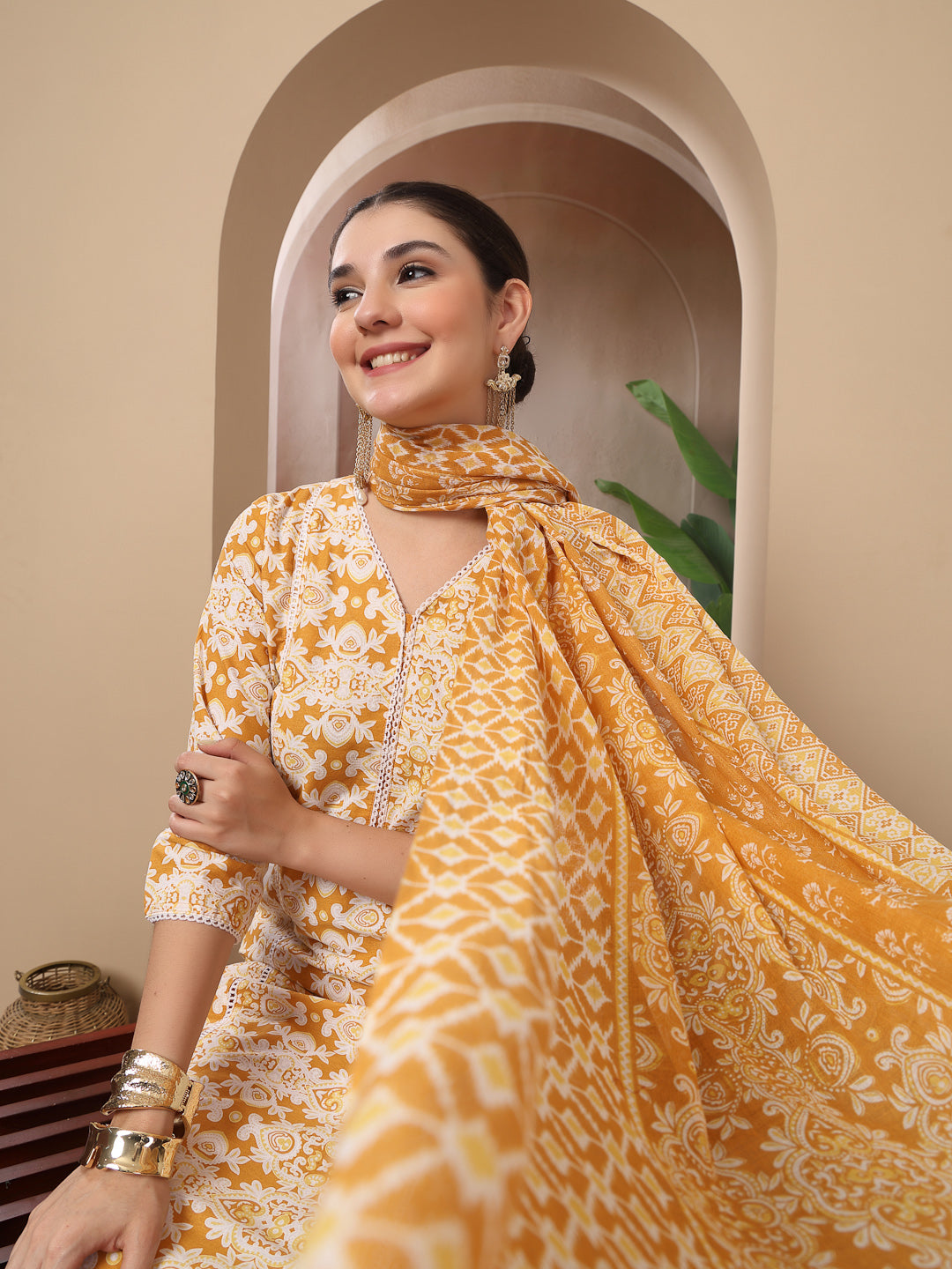 Ethnic Printed Cotton Straight Kurta Pant Dupatta Set