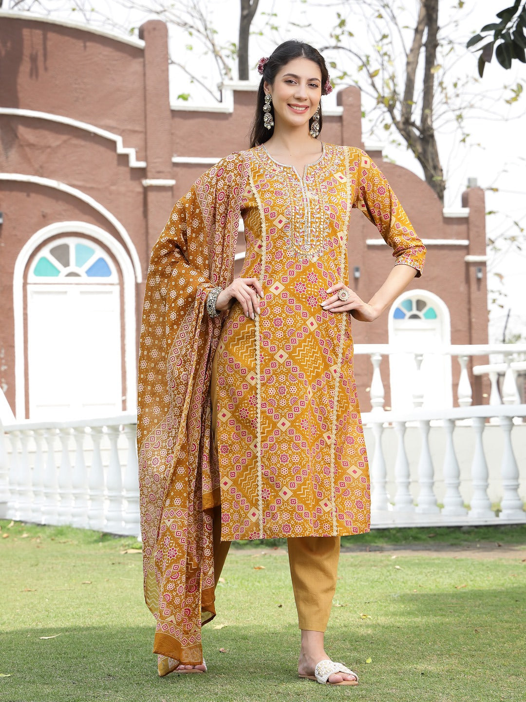 Mustard Printed & Embroidered Cotton Straight Kurta Pant Dupatta Set