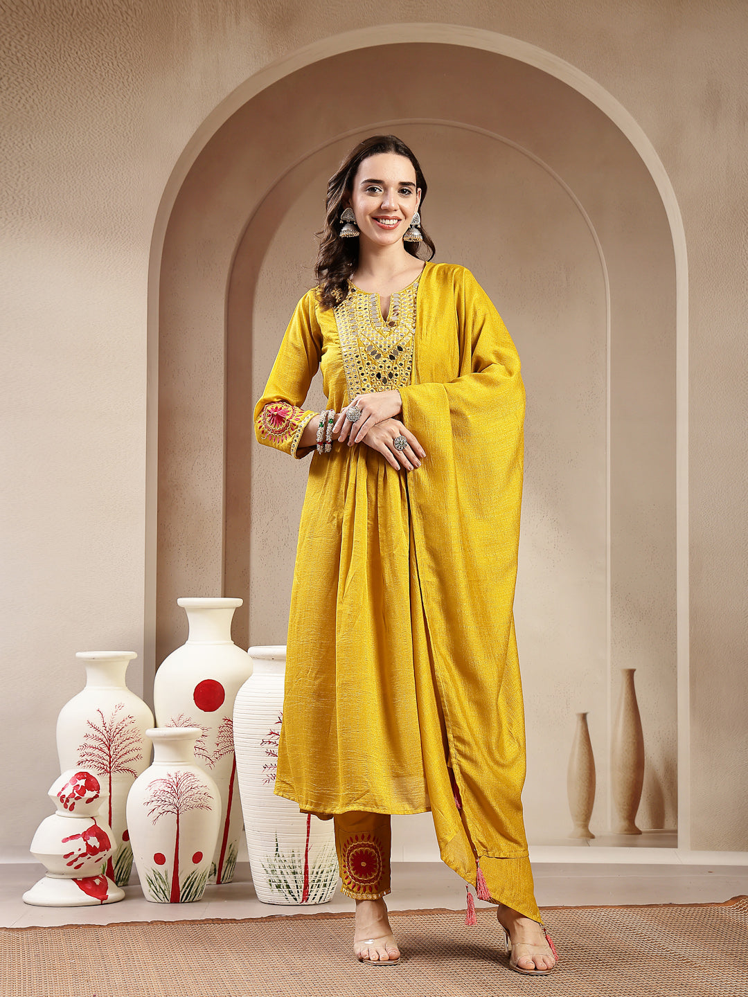 Mustard Solid & Embroidered Silk Blend A-Line Kurta Pant Dupatta Set