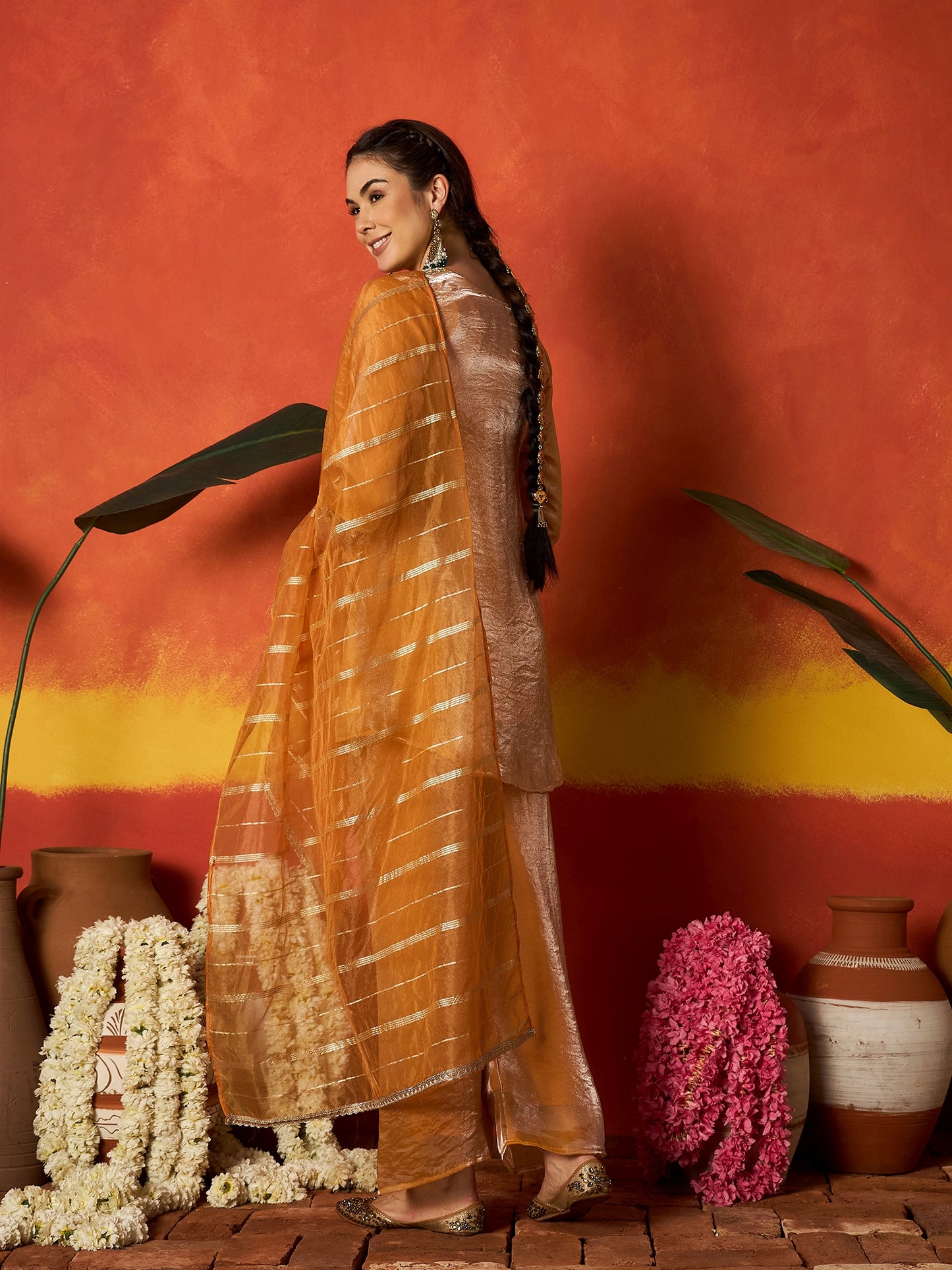 Solid & Embroidered Silk A-Line Short Kurti Palazzo With Dupatta Dupatta