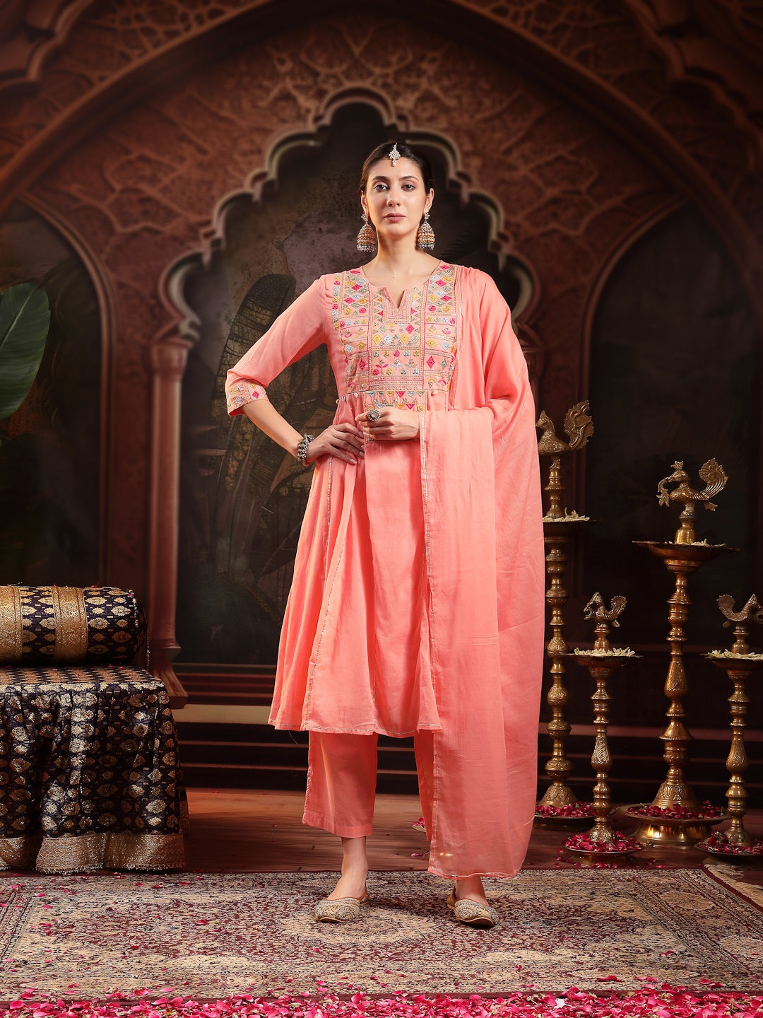 Peach Solid & Embroidered Cotton Anarkali Kurta Pant Dupatta Set