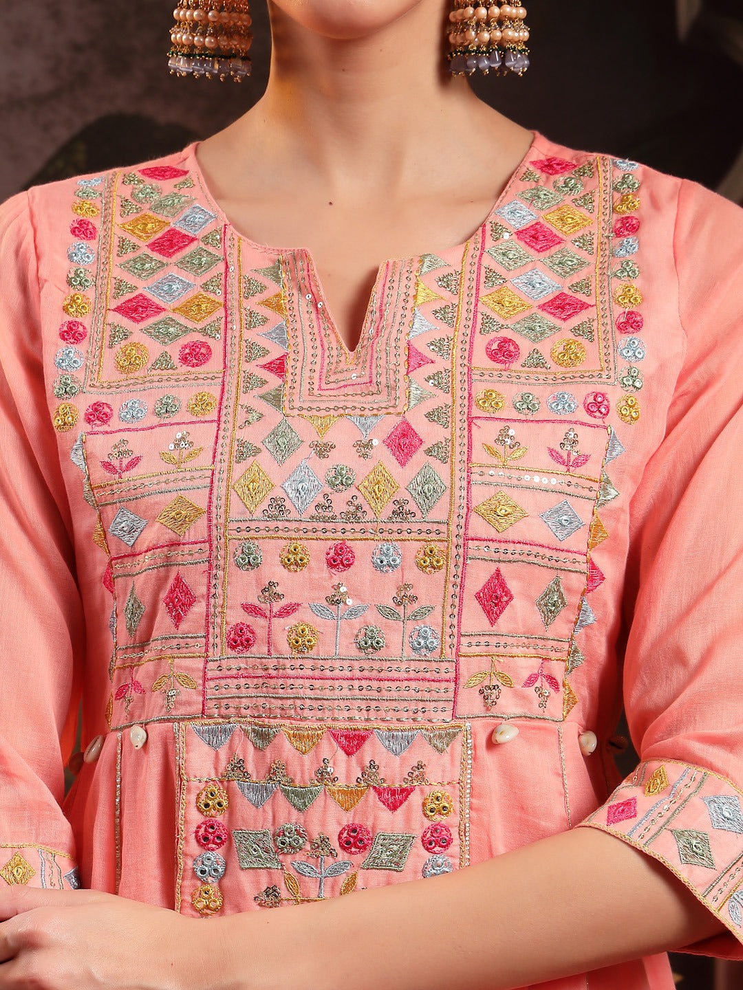 Peach Solid & Embroidered Cotton Anarkali Kurta Pant Dupatta Set