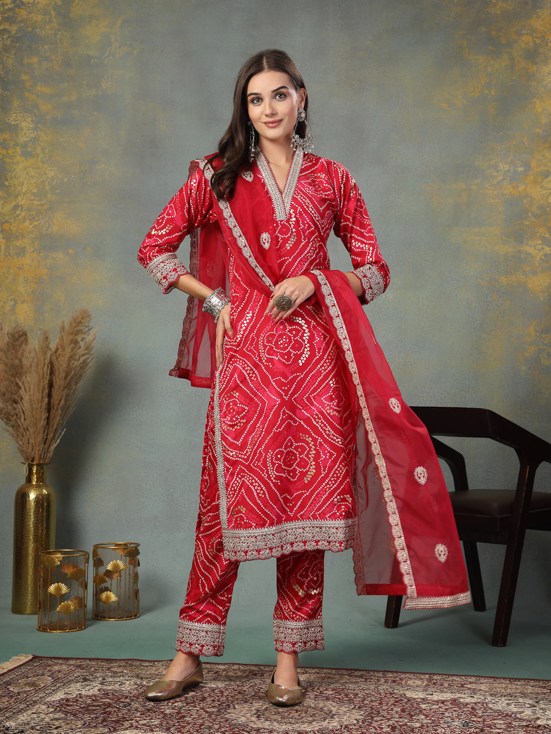 Pink Bandhani Print & Embroidered Muslin Straight Kurta Pant Dupatta Set