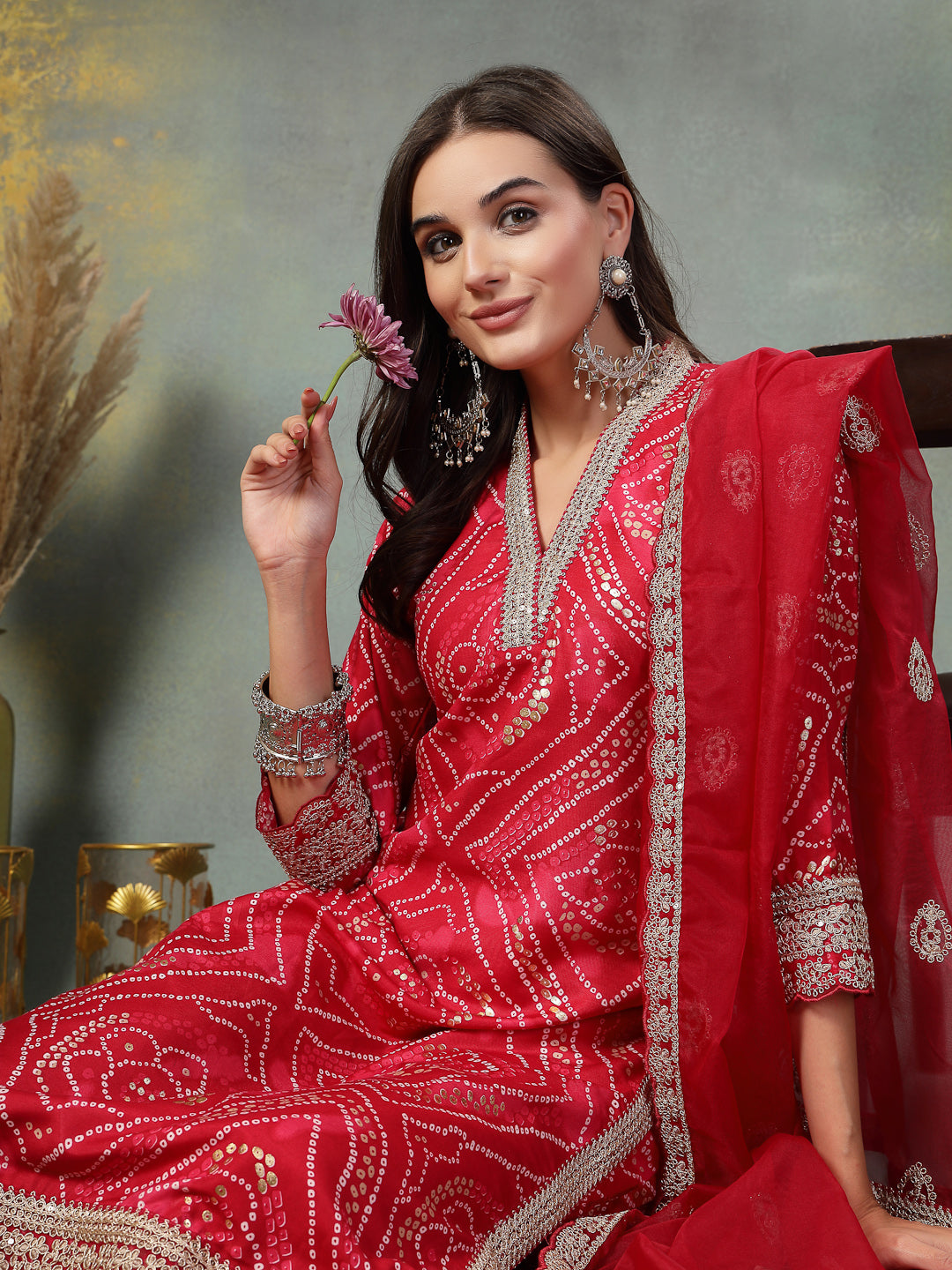 Pink Bandhani Print & Embroidered Muslin Straight Kurta Pant Dupatta Set