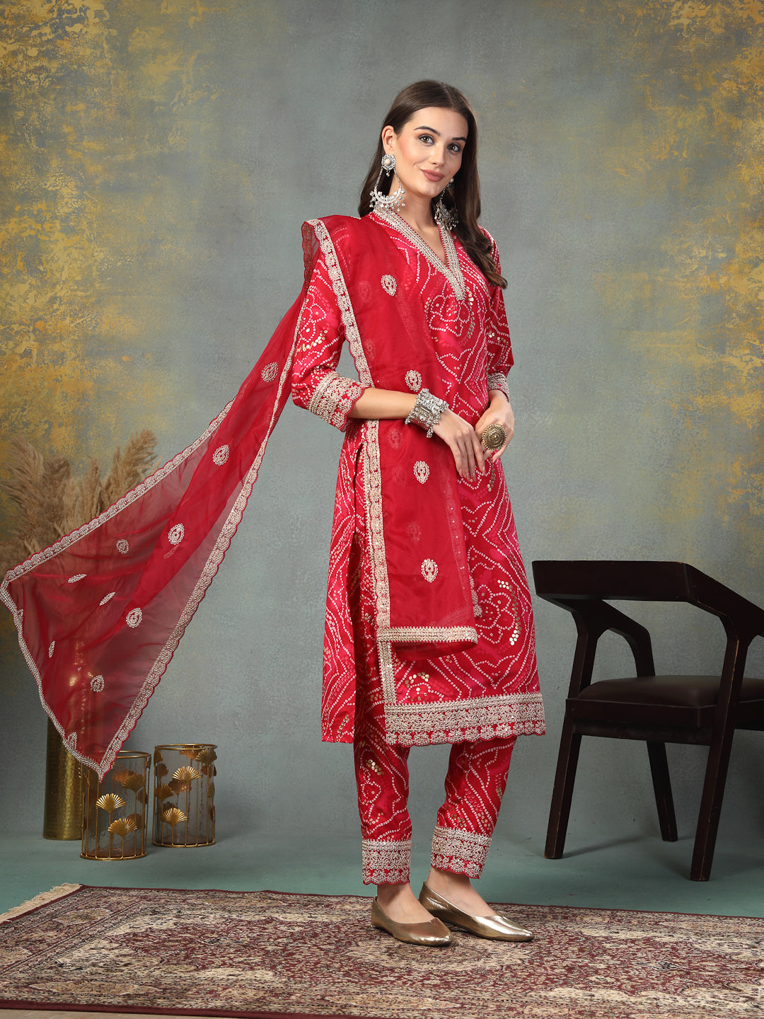 Pink Bandhani Print & Embroidered Muslin Straight Kurta Pant Dupatta Set