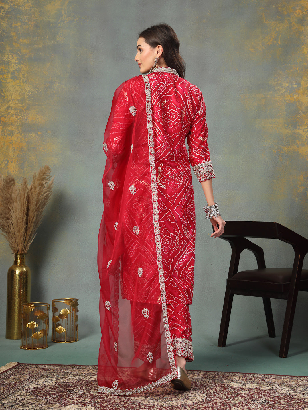 Pink Bandhani Print & Embroidered Muslin Straight Kurta Pant Dupatta Set