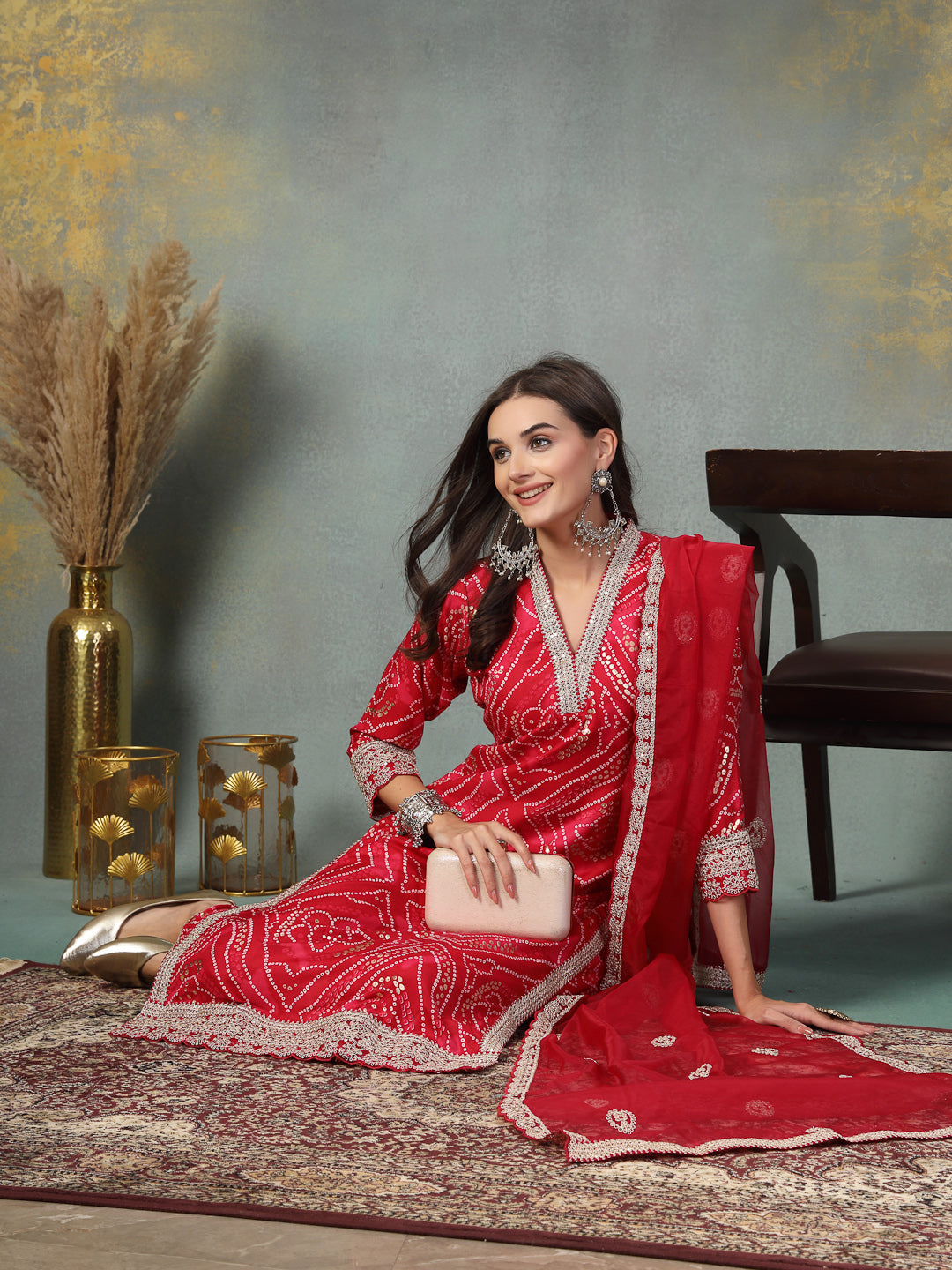 Pink Bandhani Print & Embroidered Muslin Straight Kurta Pant Dupatta Set
