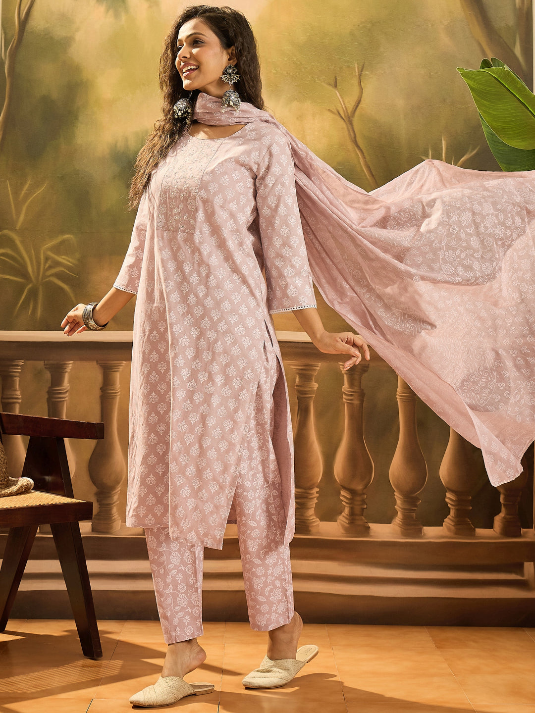 Pink Ethnic Buti Printed Cotton Straight Kurta Pant Dupatta Set