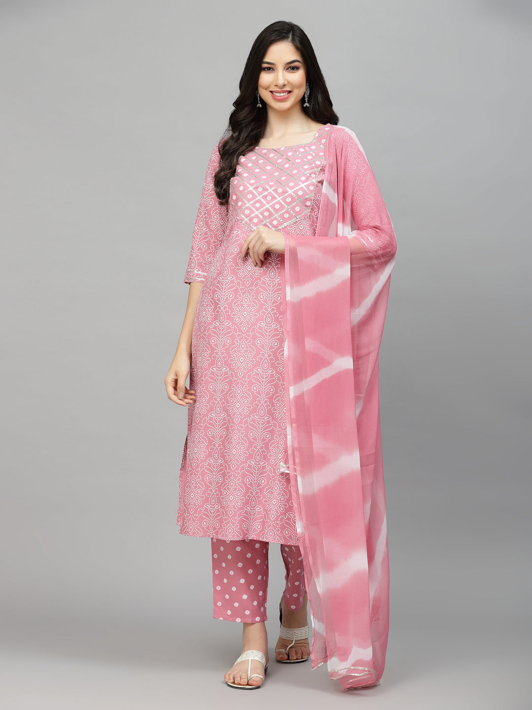 Bandhej Printed Rayon Kurta Pant Dupatta Set