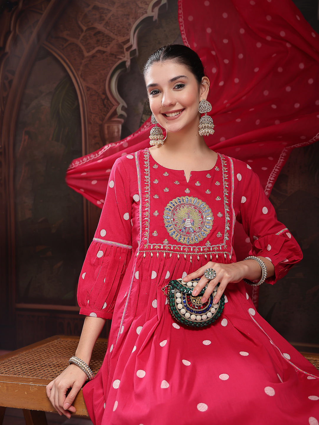 Pink Printed & Embroidered Cotton Flared Kurta Palazzo Dupatta Set