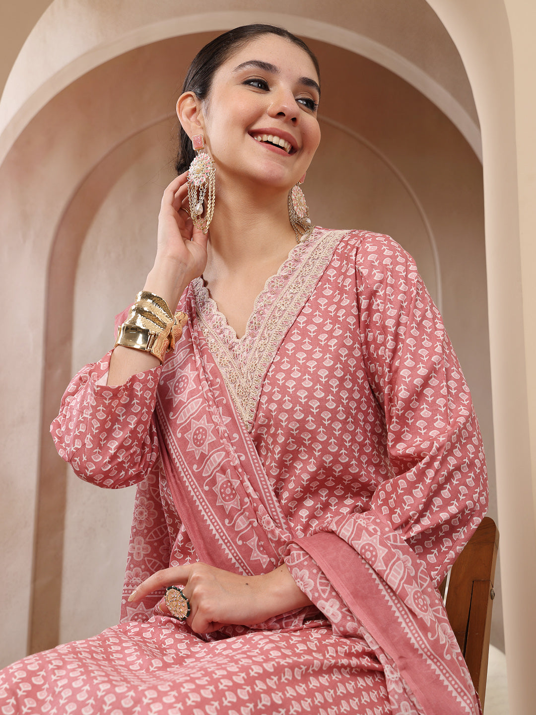 Ethnic Motif Printed Cotton Straight Kurta Palazzo Dupatta Set