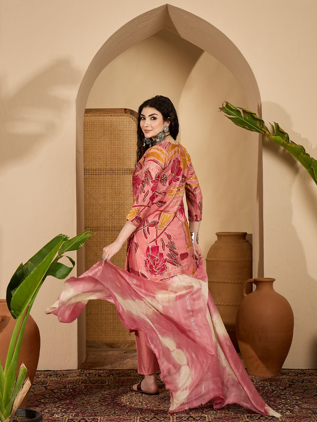 Floral Printed Roman Silk Straight Kurta Pant Dupatta Set