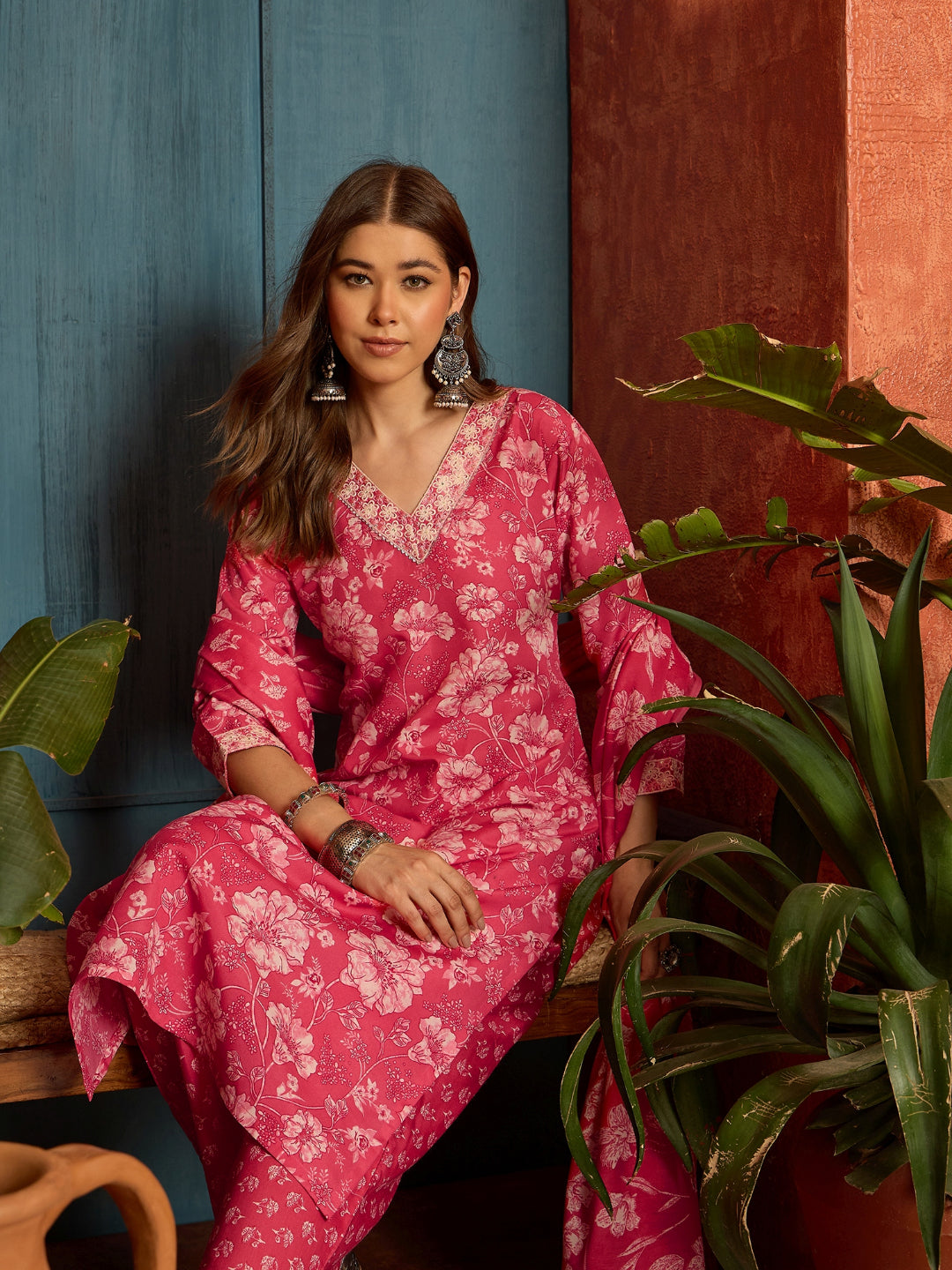 Floral Printed Cotton Straight Kurta Pant Dupatta Set