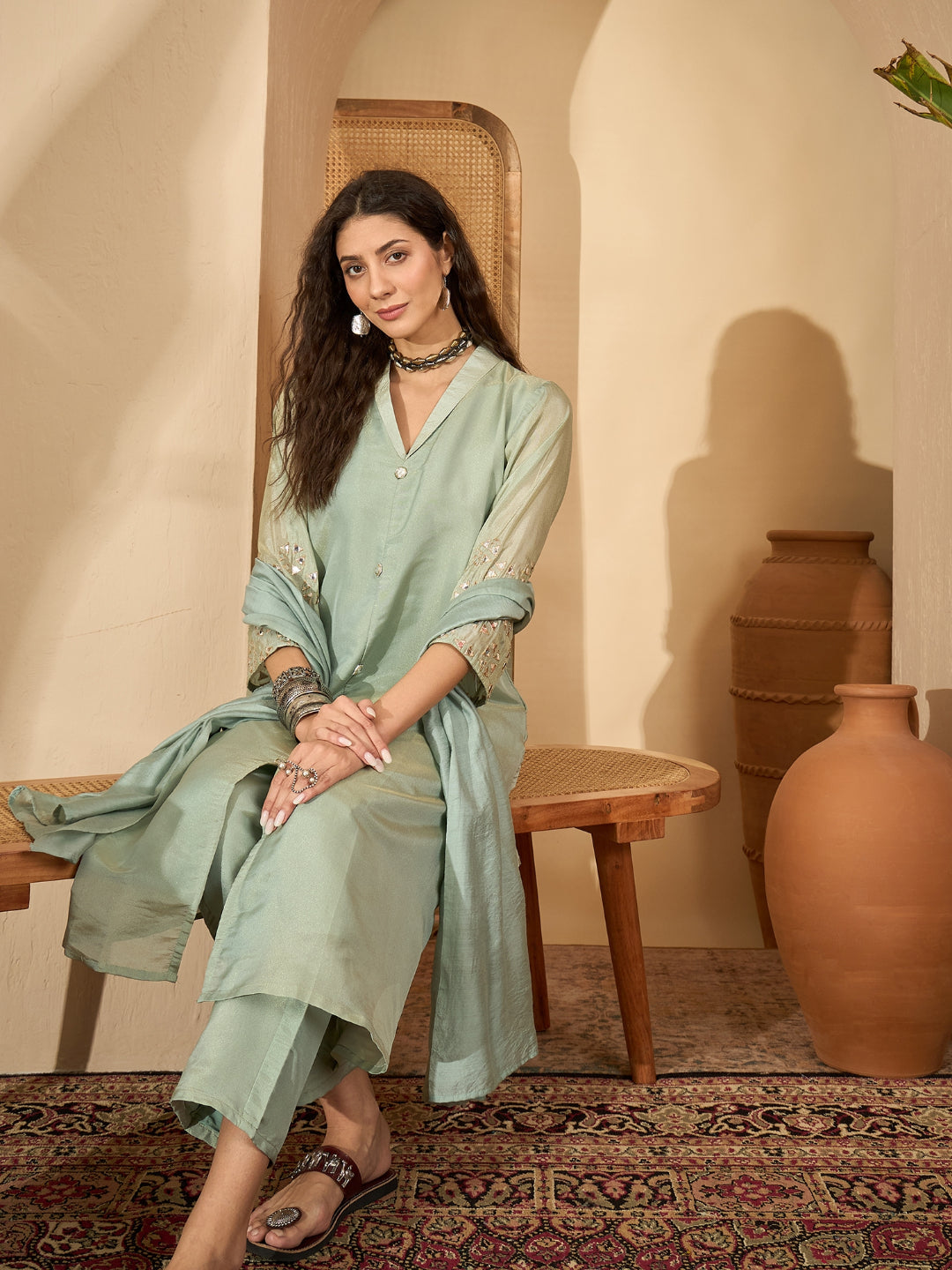 Solid Silk Blend A-Line Kurta Pant Dupatta Set
