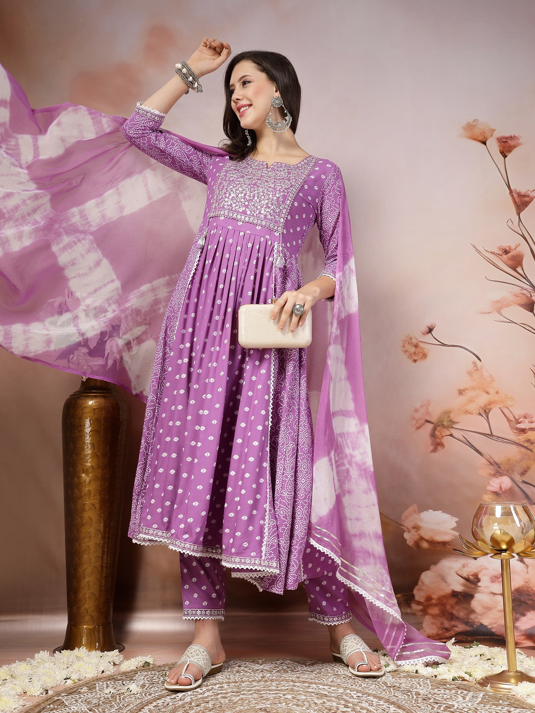 Purple Bandhej Printed Rayon Flared Kurta Pant Dupatta Set (Pre-Order)