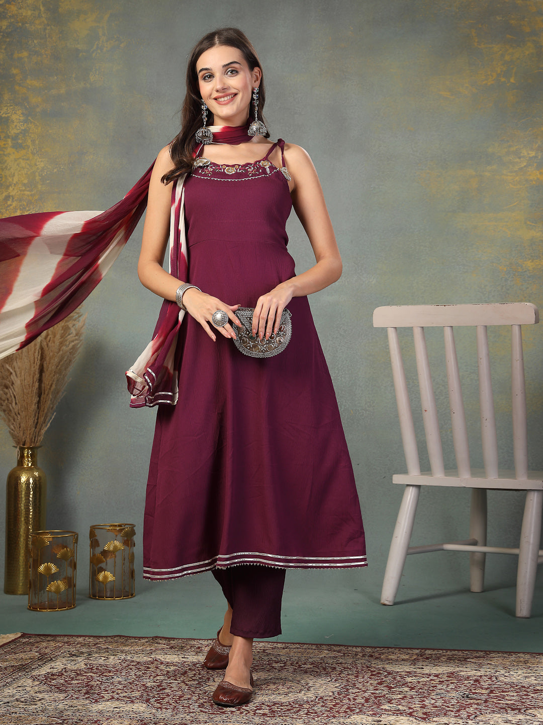 Purple Solid & Embroidered Poly Crepe A-Line Kurta Pant Dupatta Set