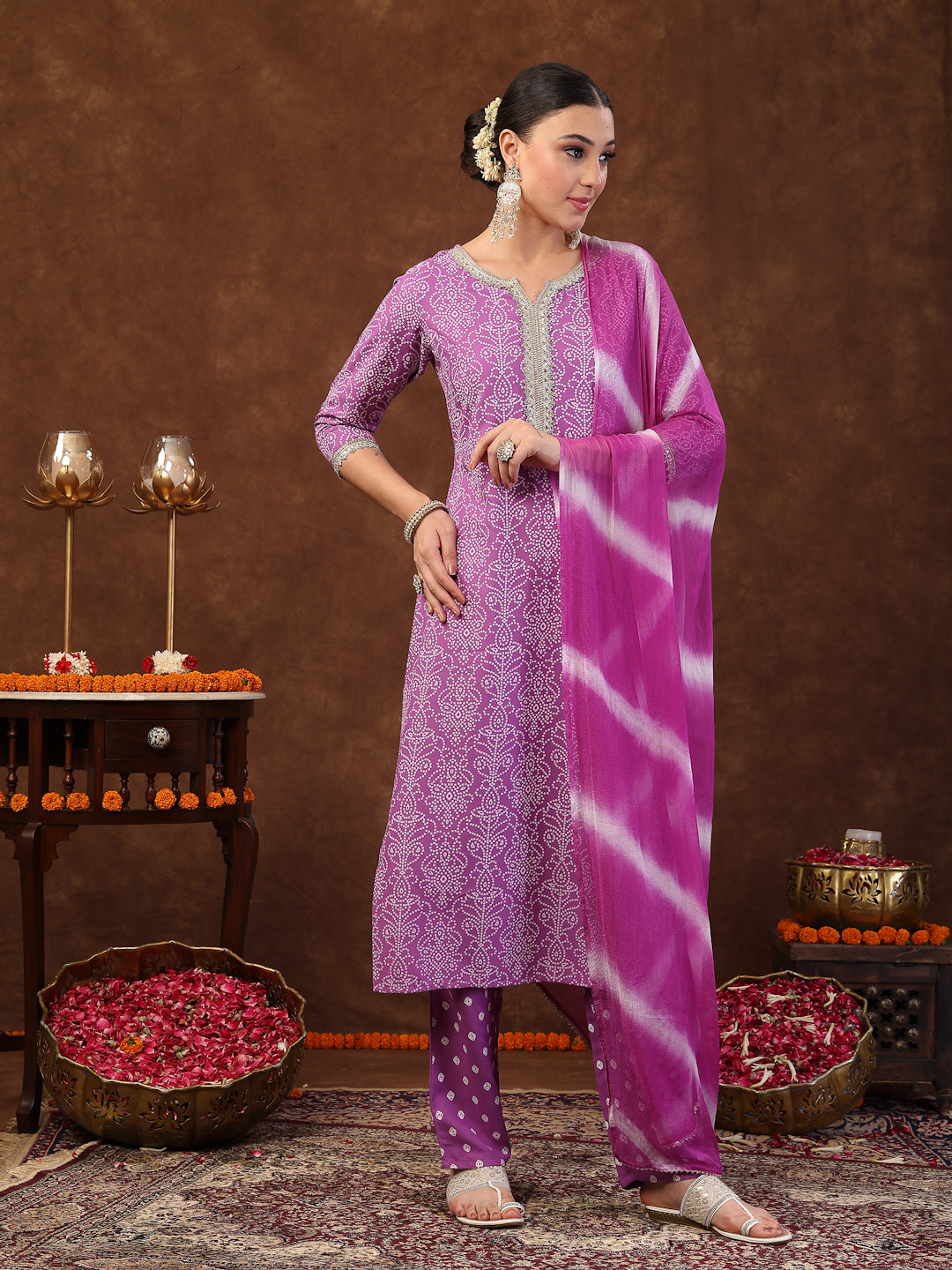 Purple Bandhani Printed Rayon Straight Kurta Pant Dupatta Set