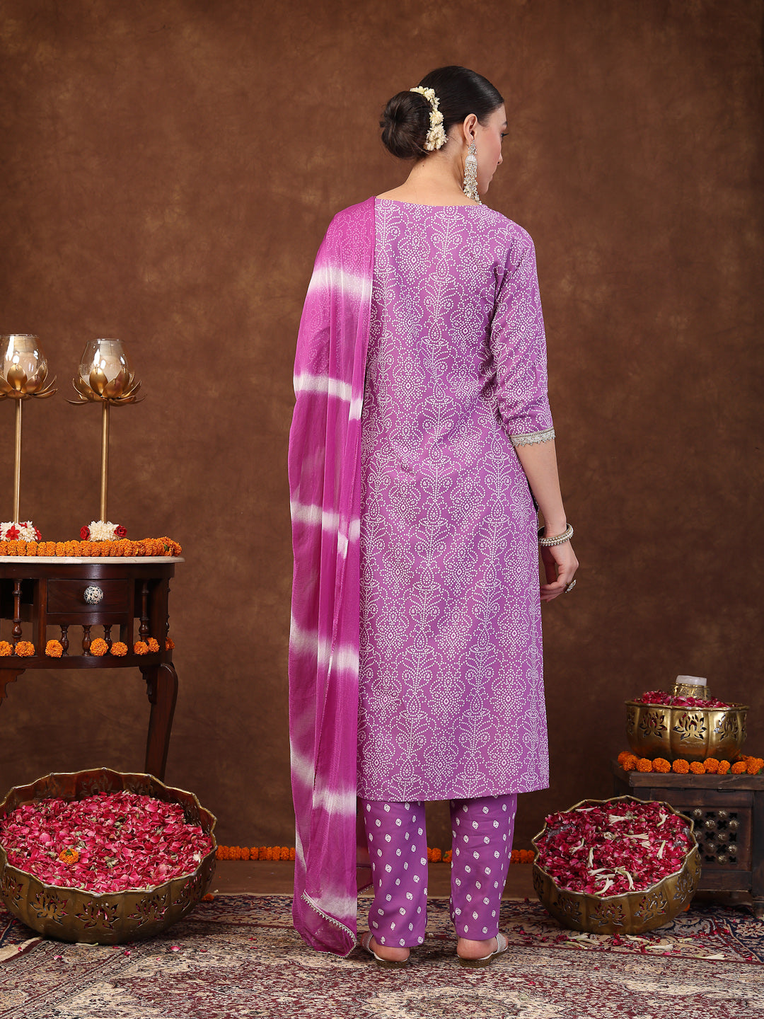 Purple Bandhani Printed Rayon Straight Kurta Pant Dupatta Set